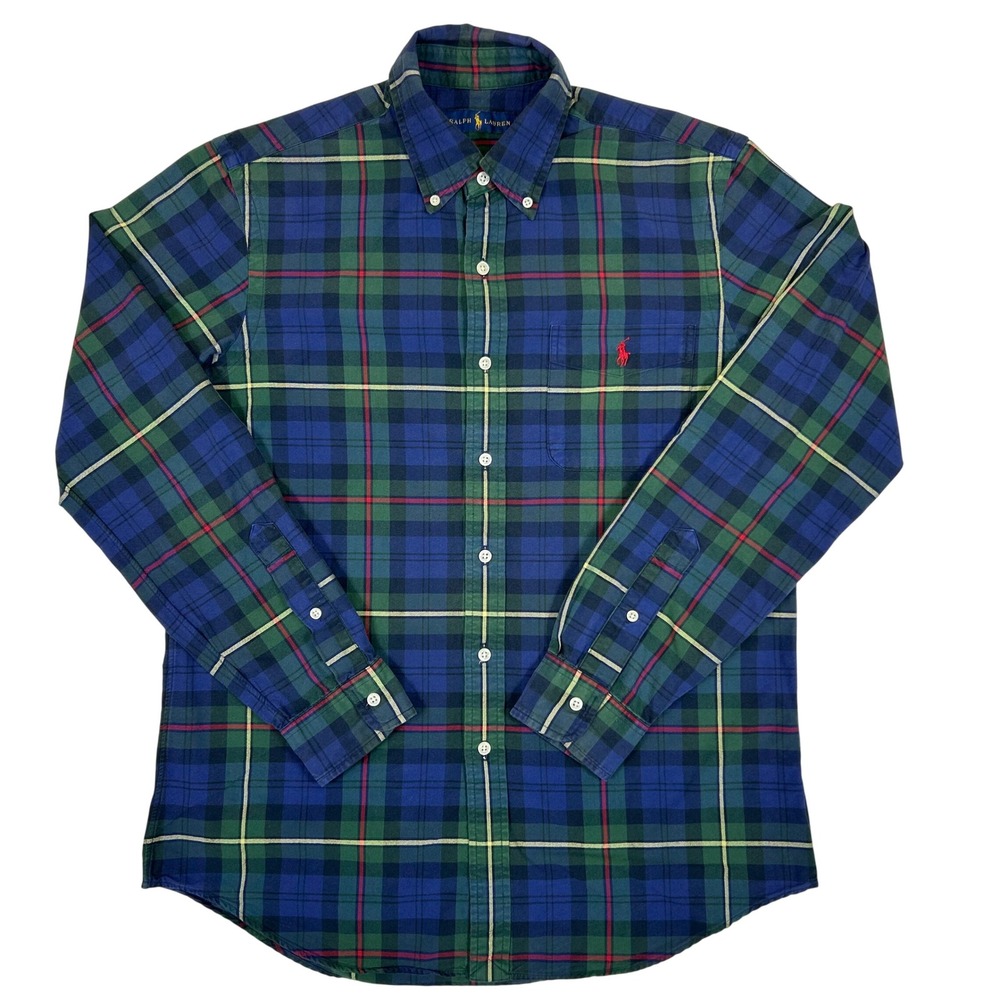 Polo Ralph Lauren Mens Plaid Button Down Shirt Navy Green Red Cotton Size M